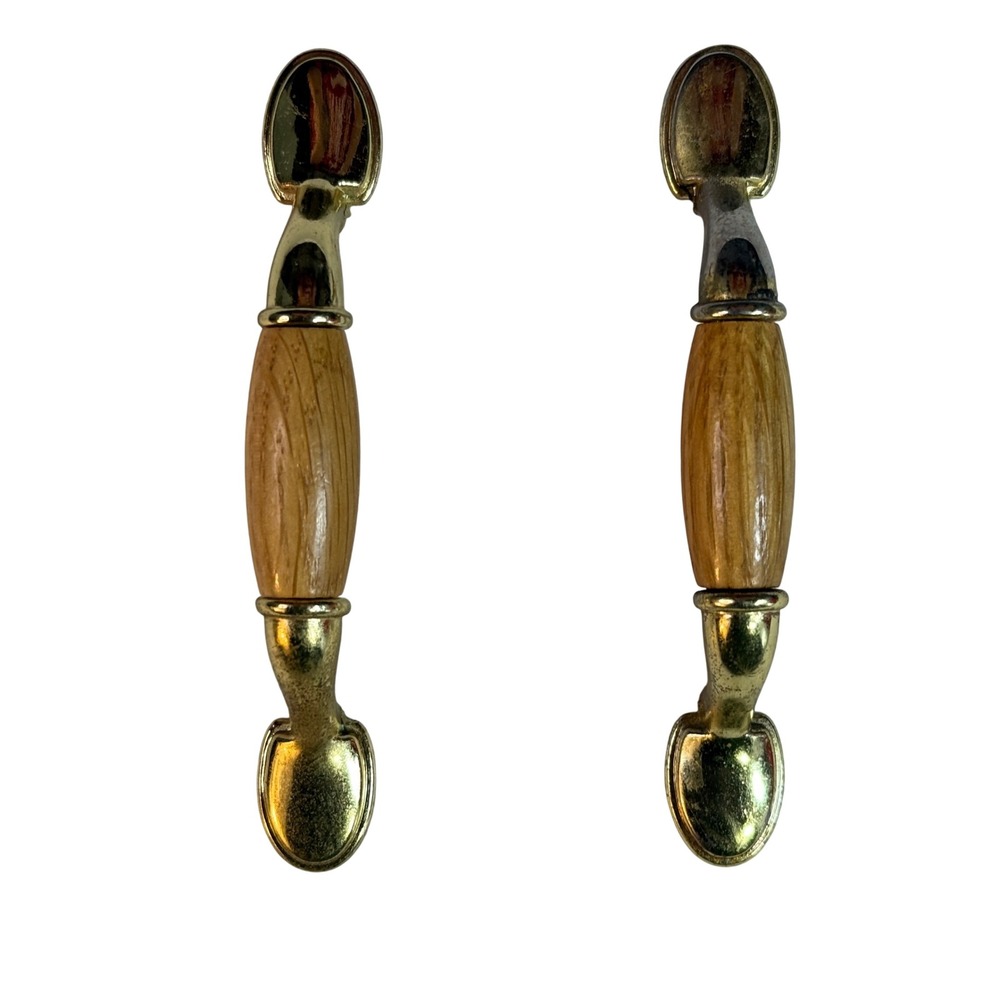 Vintage MCM Cabinet Pulls Hardware 4.5in Gold Wood Hollywood Regency 2pc Set